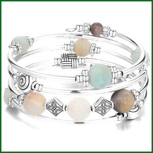 Beaded Pearl Bangle Wrap Bracelet with Thick Silver Metal Beads